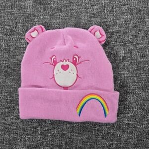 Care Bears Pink Bear Ear Beanie Hat Rainbow Heart Cozy Winter Warm